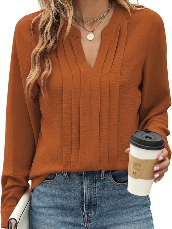 Blooming Jelly Tops - Blooming Jelly Rust Pleated V-Neck Blouse XXL